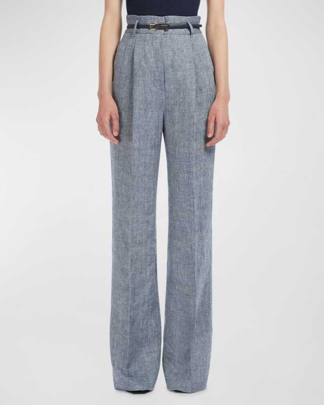 Treviso Pleated High-Rise Bootcut Linen Pants