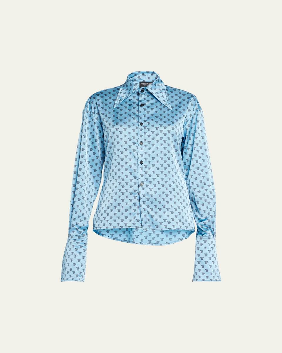 Logo-Print Button-Front Silk Blouse