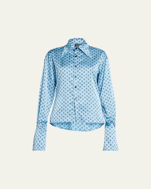 Logo-Print Button-Front Silk Blouse