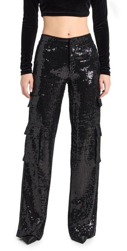 alice + olivia Hayes Sequin Wide Leg Cargo Pants Black