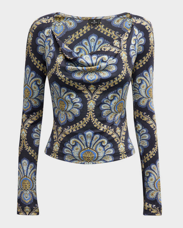 Printed Jersey Open-Neck Knit Top