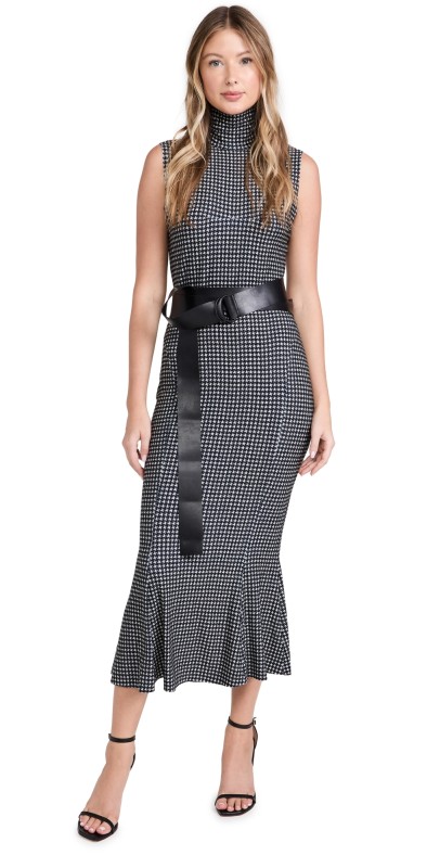 Norma Kamali Sleeveless Turtleneck Fishtail Dress Mini Houndstooth