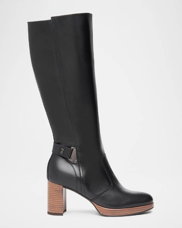 Leather Buckle Block-Heel Knee Boots