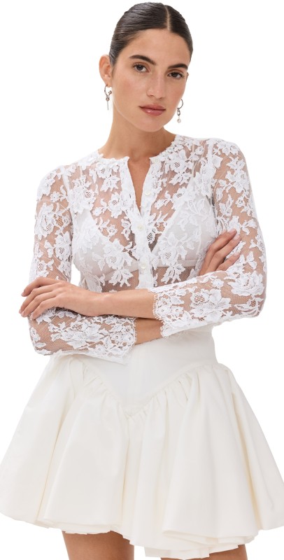 SHUSHU/TONG Lace Round Neck Top White