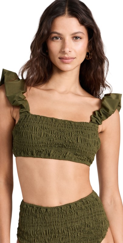 Sea Sophie Solid Smocked Bikini Top Olive