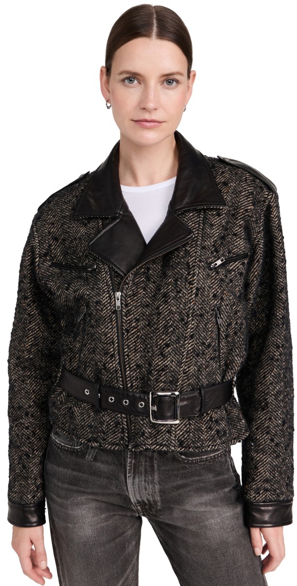 R13 Exaggerated Shoulder Motorcycle Jacket with Cuffs Black Herringbone