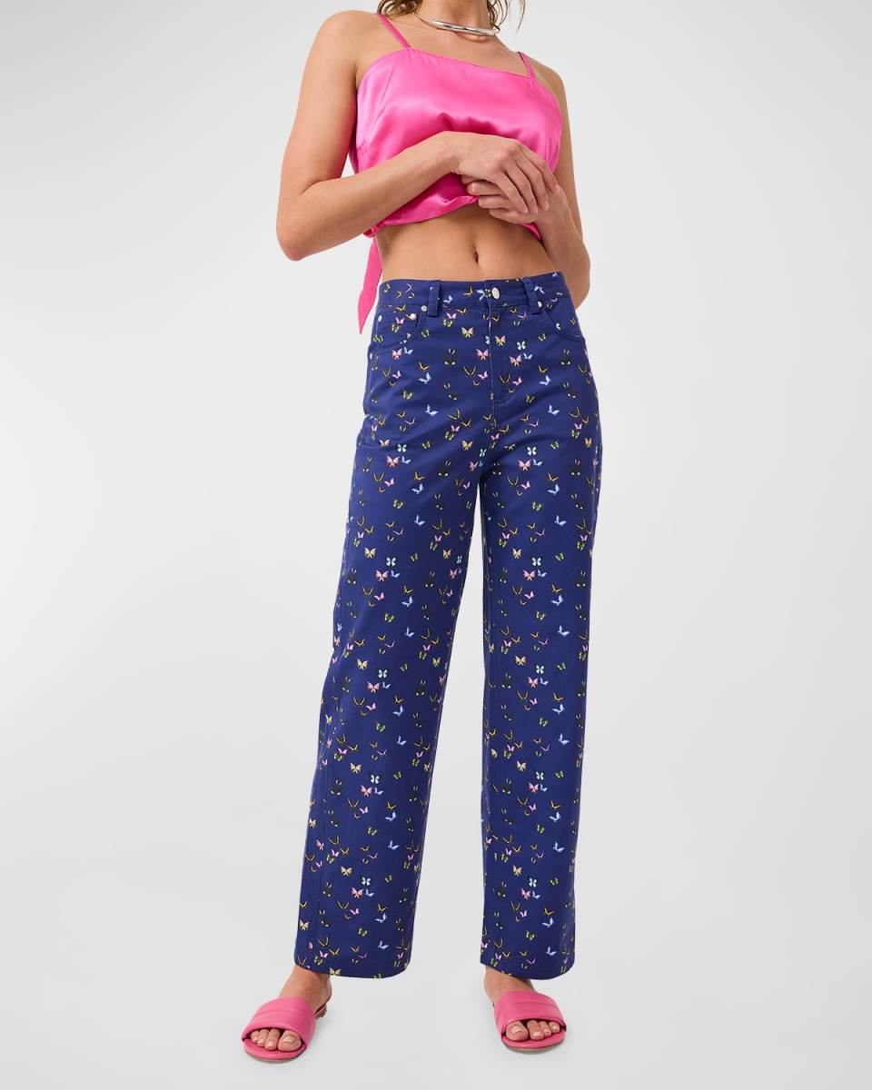 Midnight Butterflies Mid-Rise Straight-Leg Twill Pants