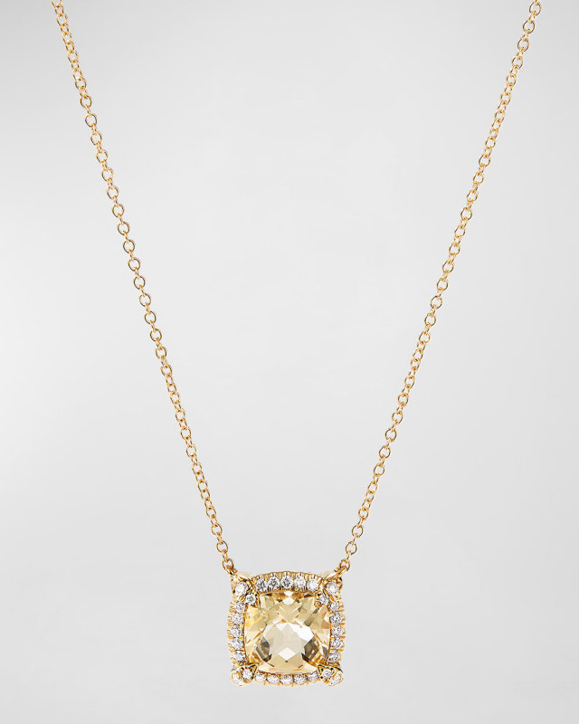 Petite Chatelaine Pave Bezel Pendant Necklace in 18K Yellow Gold with Pink Tourmaline