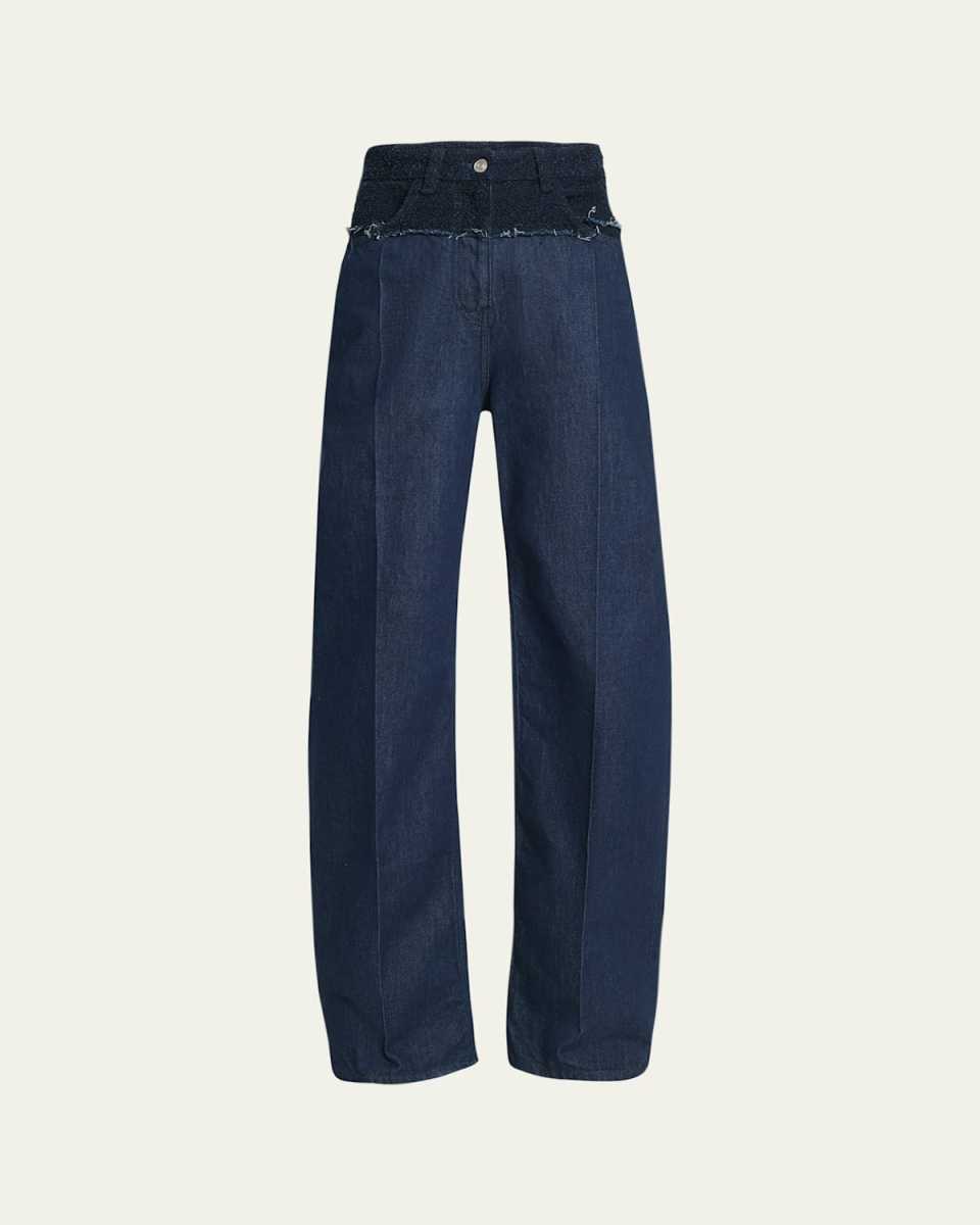 Mixed-Media Boucle Denim Straight-Leg Jeans