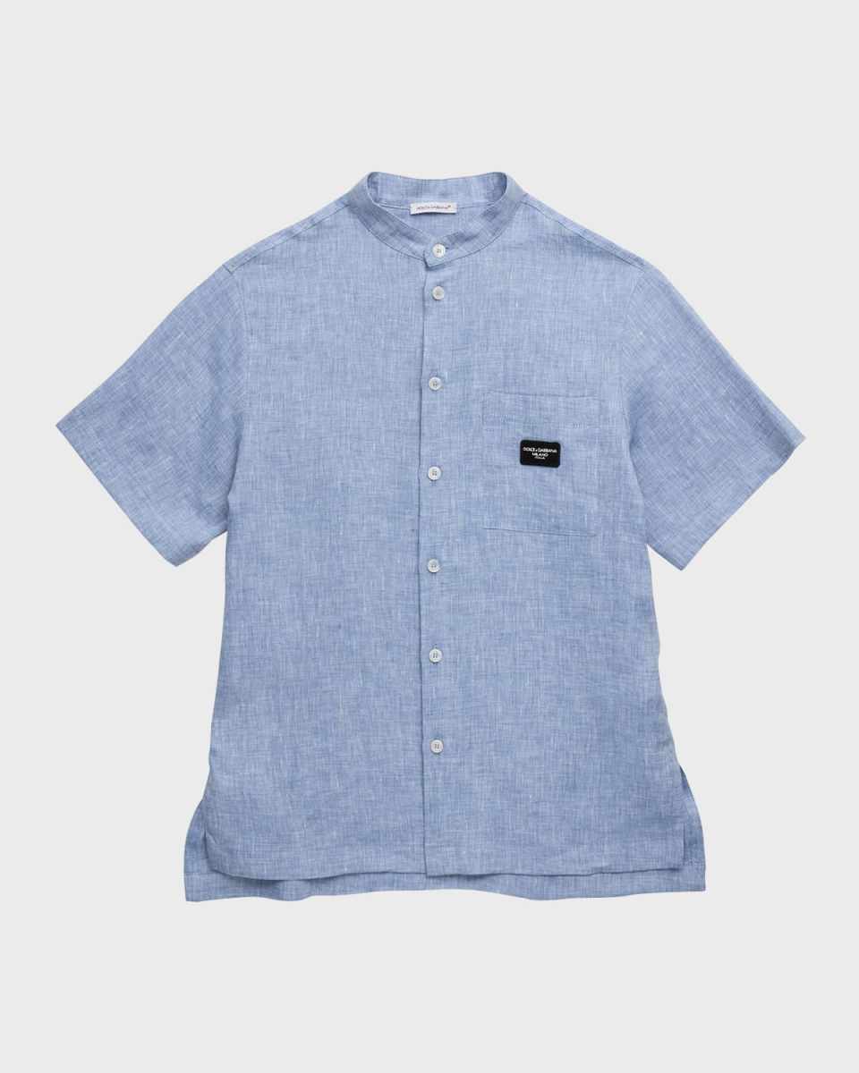 Boy's Logo Patch Linen Shirt, Size 8-14