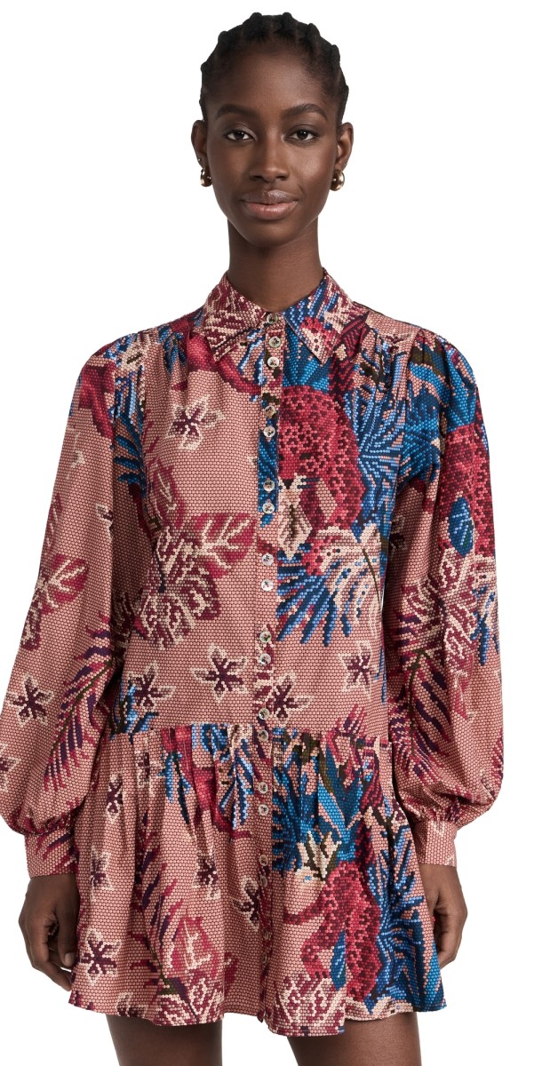 FARM Rio Beaded Forest Pink Long Sleeve Mini Dress BEADED FOREST PINK