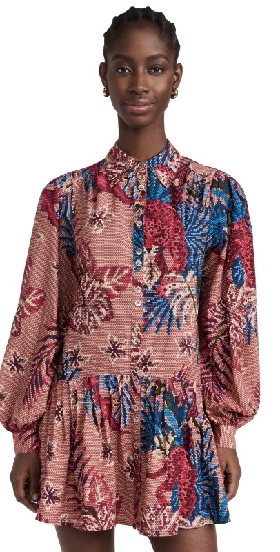 FARM Rio Beaded Forest Pink Long Sleeve Mini Dress BEADED FOREST PINK