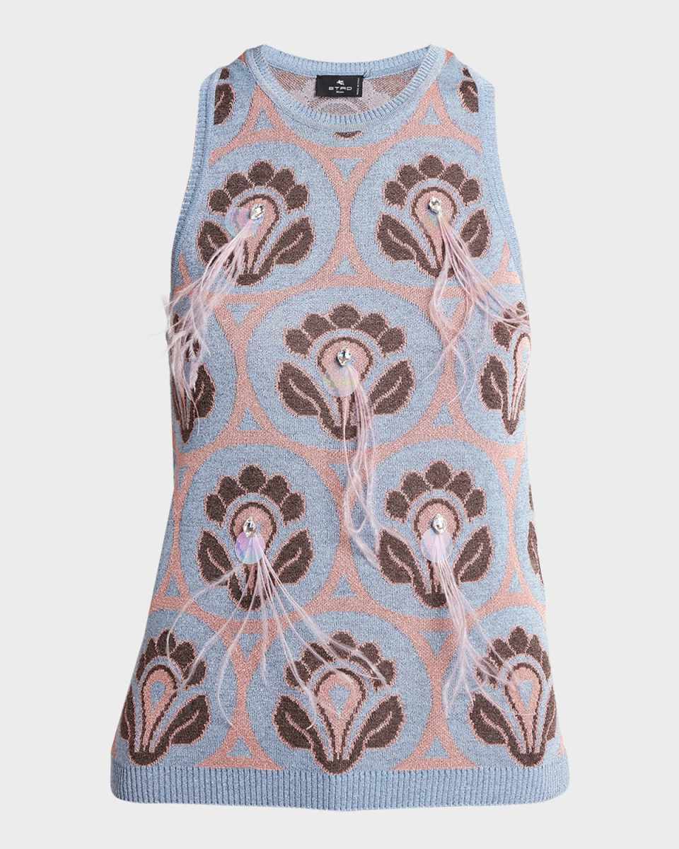 Crystal Feather Embellished Foulard Knit Tank Top