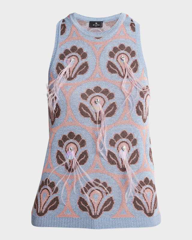 Crystal Feather Embellished Foulard Knit Tank Top