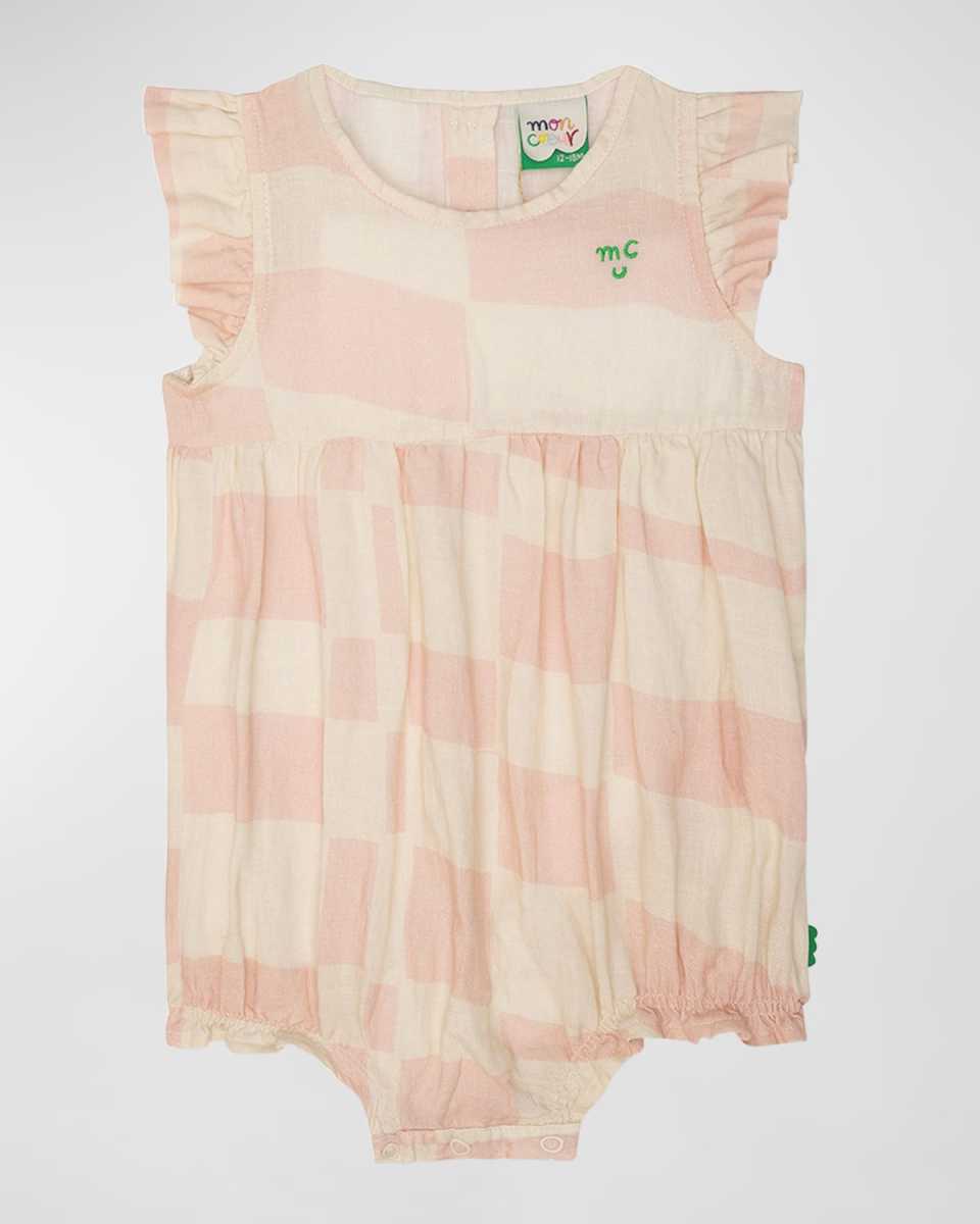 Girl's Checkered Flutter Linen Romper, Size 3-24