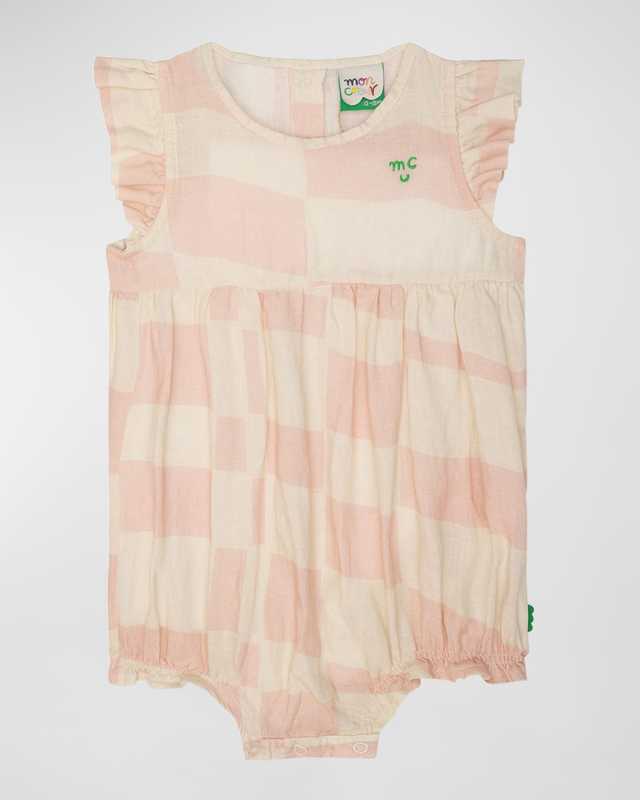 Girl's Checkered Flutter Linen Romper, Size 3-24