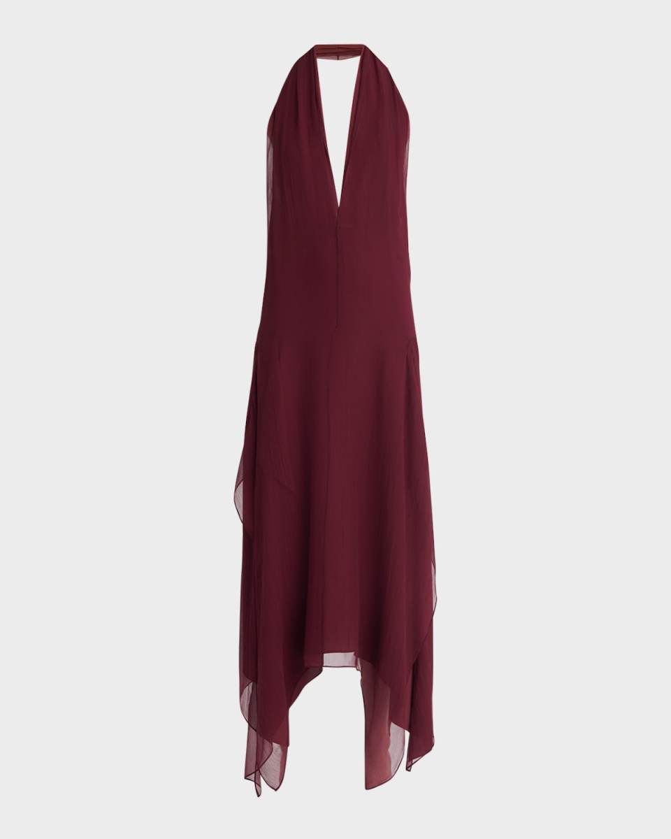Plunging Halter Chiffon Midi Dress