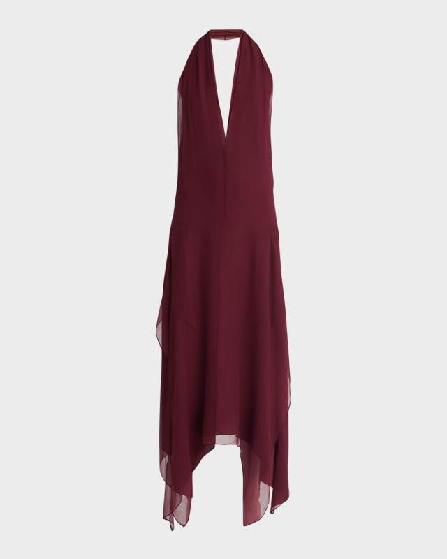 Plunging Halter Chiffon Midi Dress