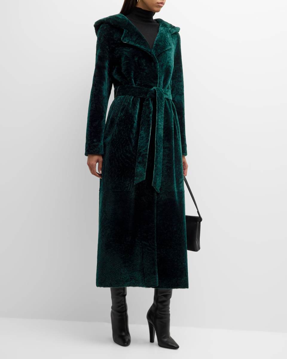 Shearling Lamb Belted Hooded Long Coat