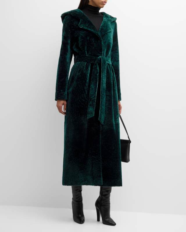 Shearling Lamb Belted Hooded Long Coat