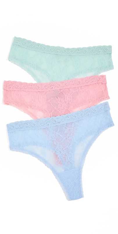 Natori Bliss Allure One Size Lace Thong 3-Pack Blue Mist/Rosette/Morning Dew