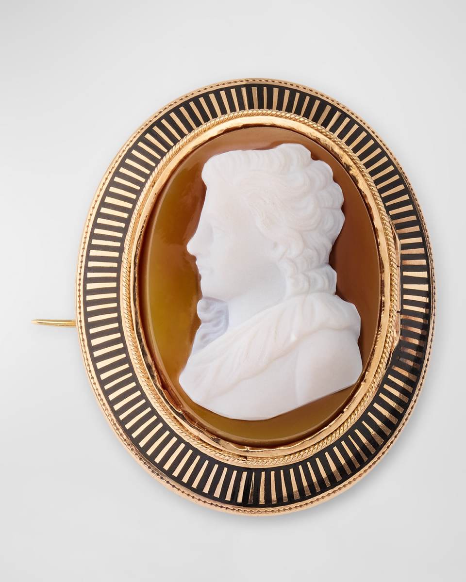 Estate 14K Rose Gold Black Enamel and Carnelian Cameo Victorian Locket Brooch