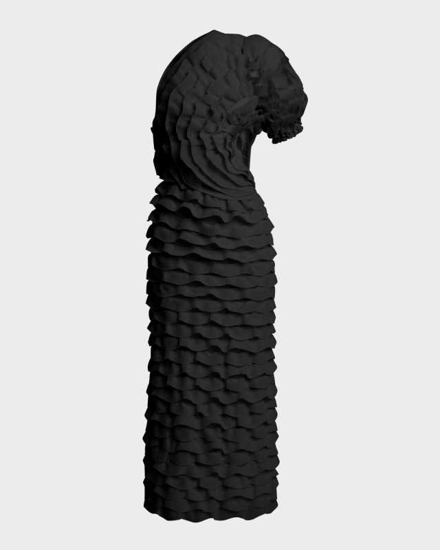One-Shoulder Long Fitted Dress With Knit Ruffles