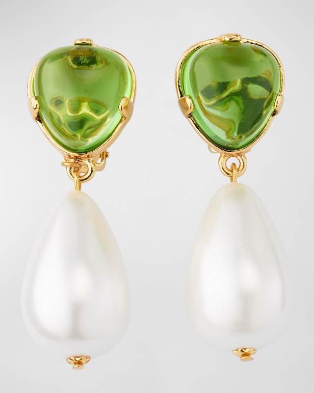 Peridot Top and Pearly Drop Clip On Earrings