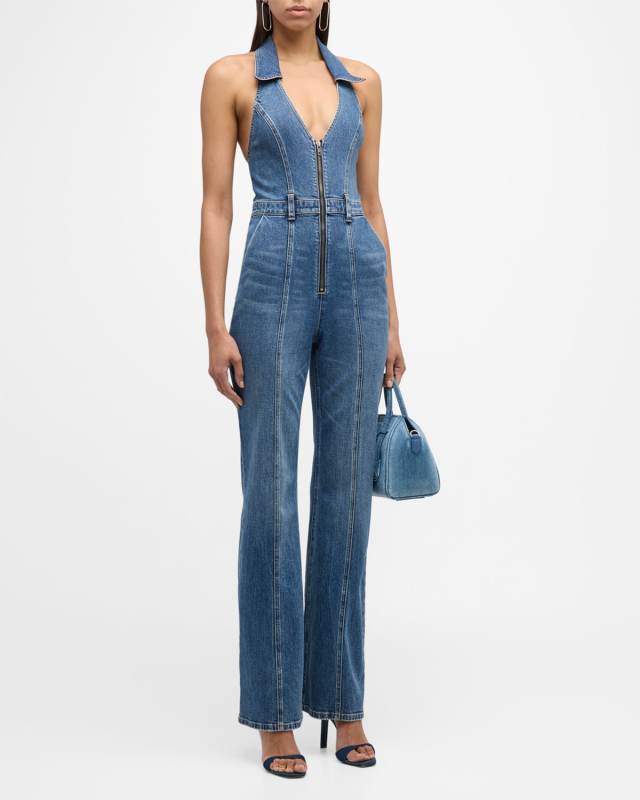 Noemi Backless Halter Denim Jumpsuit
