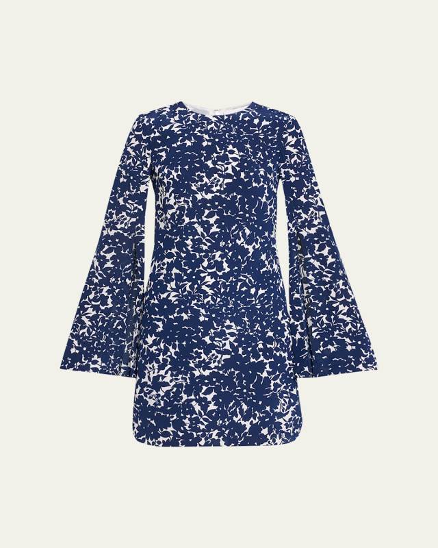 Floral-Print Split Long-Sleeve Crepe De Chine Mini Dress