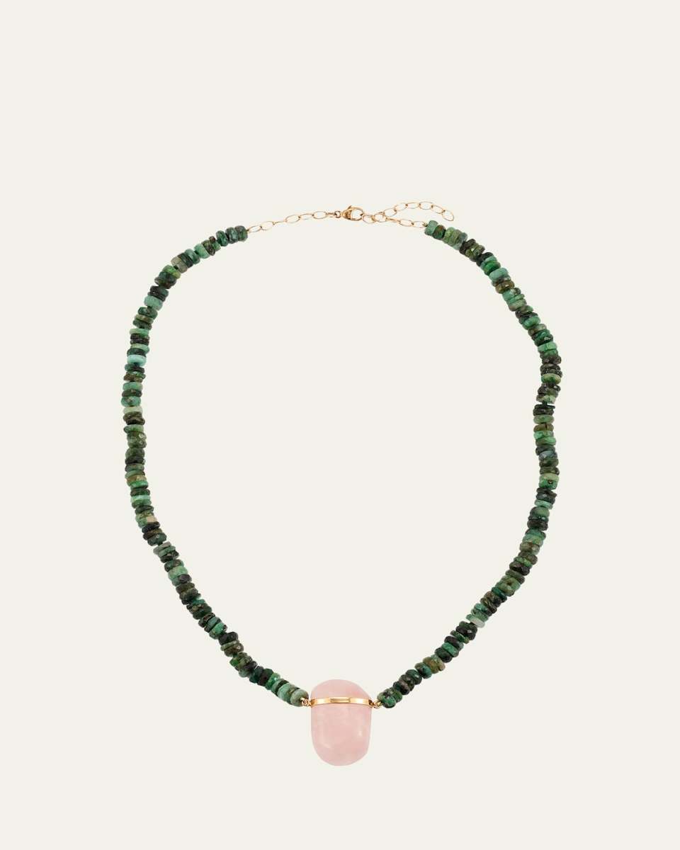 Rose Quartz Charm Necklace with Emeralds