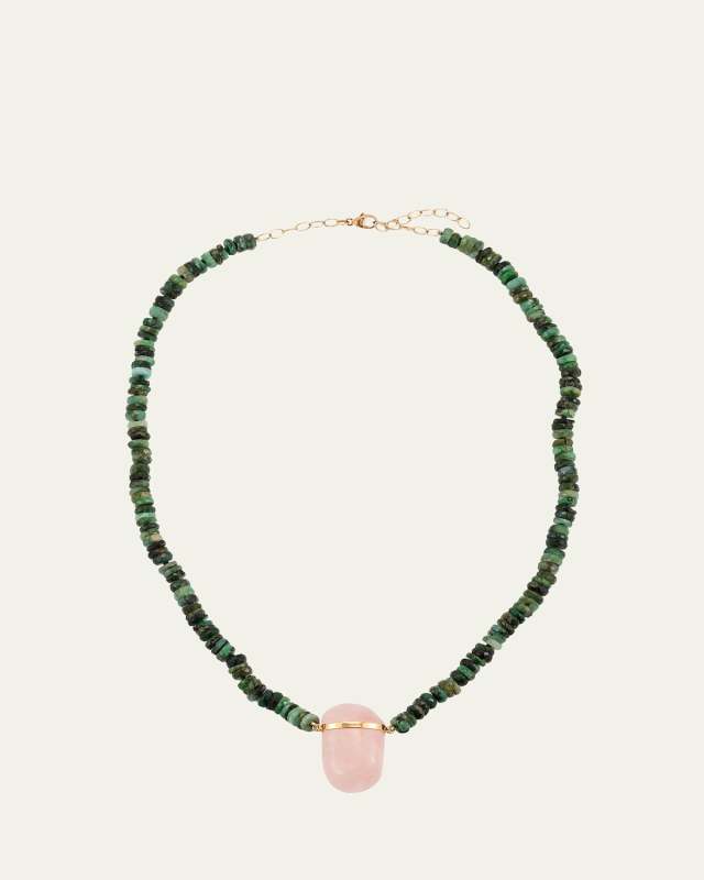 Rose Quartz Charm Necklace with Emeralds