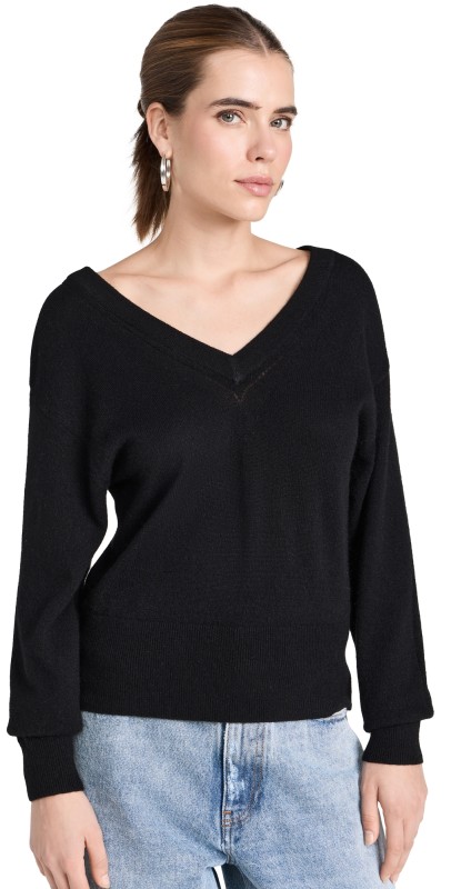 White + Warren Cashmere Wide V Neck Sweater Black