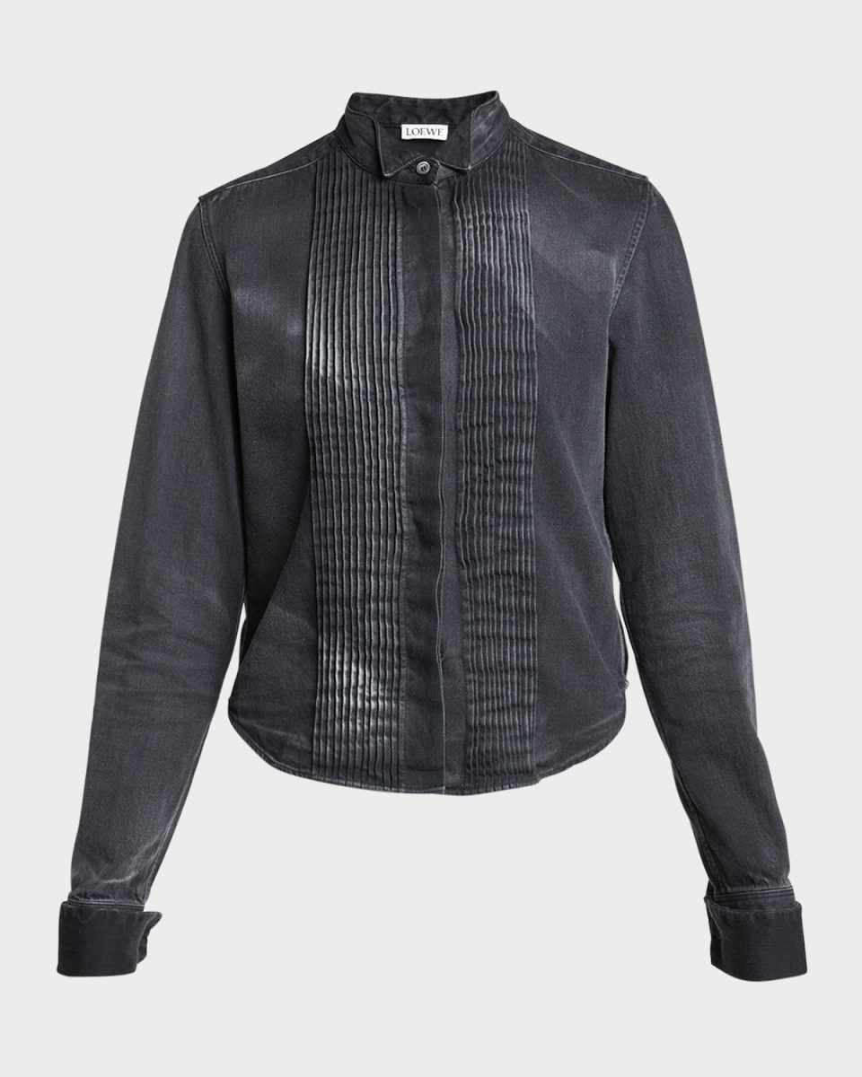 Pleated Bib Front Denim Cropped Shirt