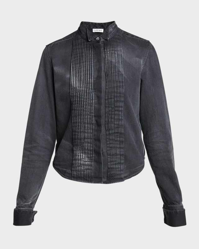Pleated Bib Front Denim Cropped Shirt