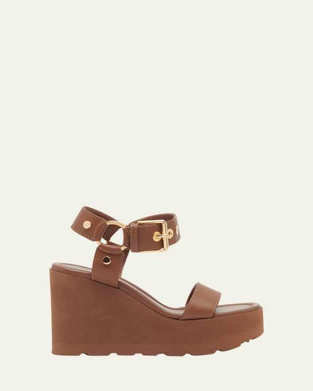 Leather Grommet Ankle-Strap Wedge Sandals