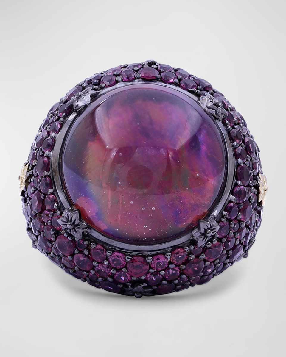 Garnet and Quartz Ring in Blackened Sterling Silver with 18K Gold Flowers, Size 7