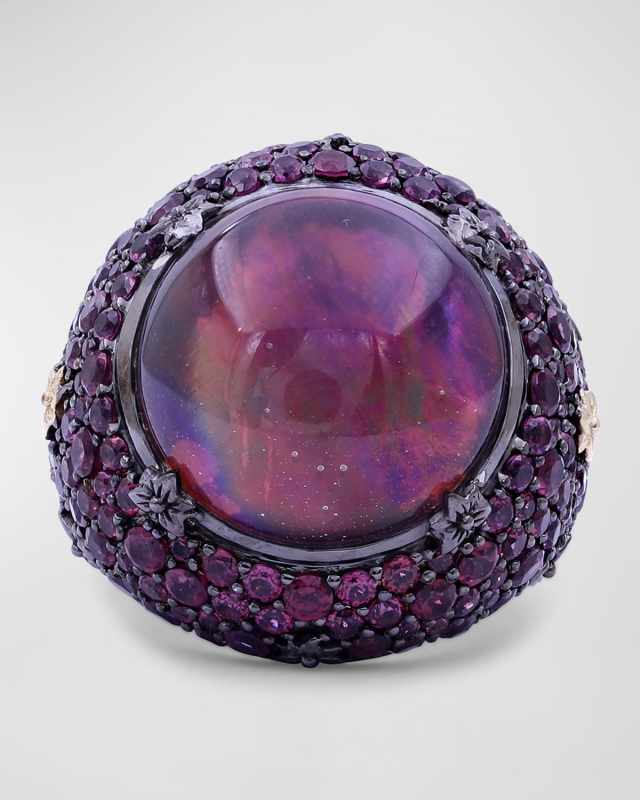 Garnet and Quartz Ring in Blackened Sterling Silver with 18K Gold Flowers, Size 7