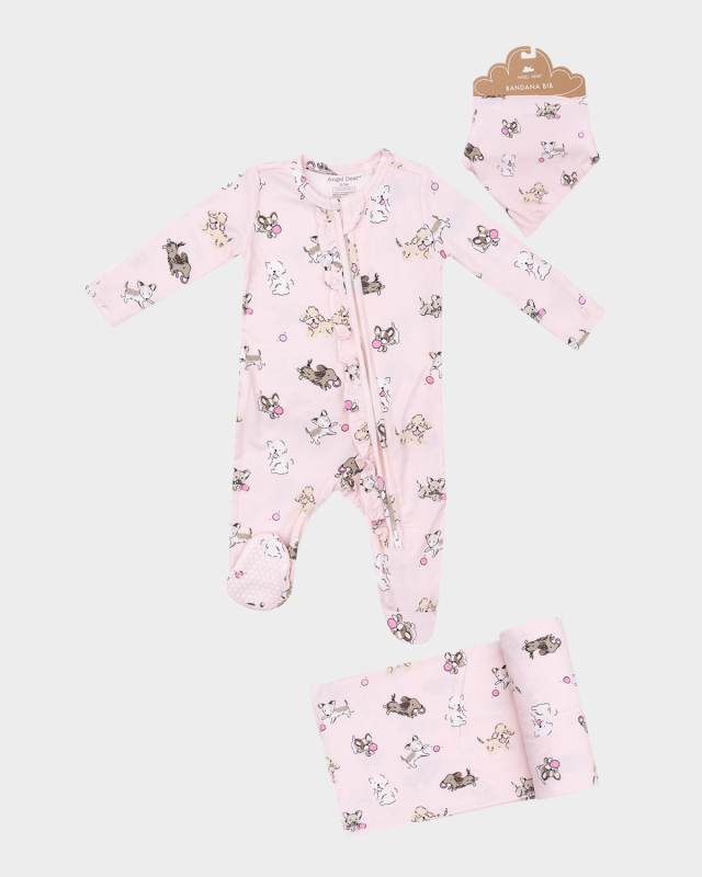 Girl's Fluffy Puppies Ruffle Trim Footie W/ Bandana Bib & Swaddle Blanket, Size Newbor