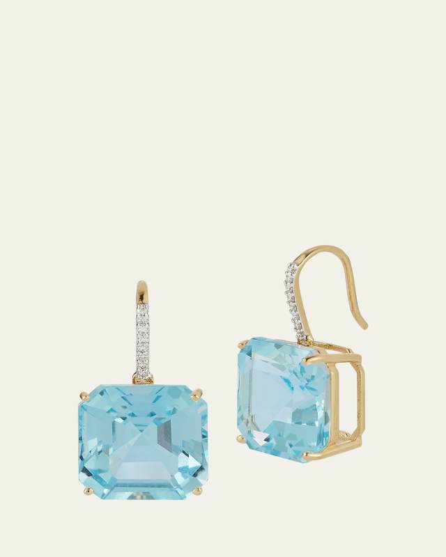 14K Asscher Cut Blue Topaz Drop Earrings