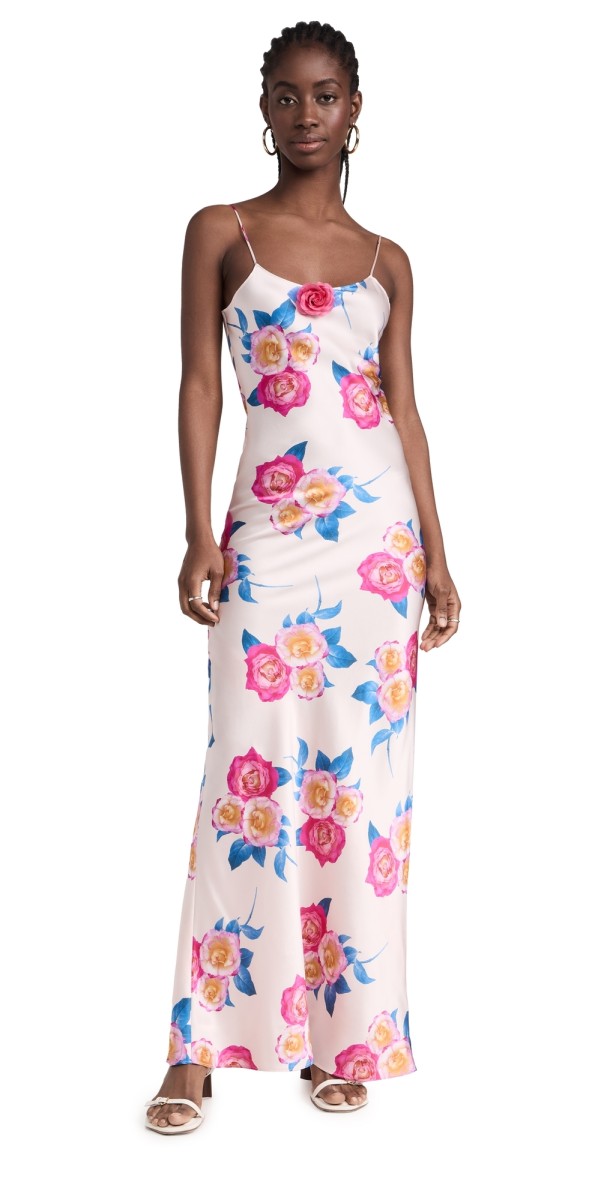 Rodarte Pink and Blue Rose Printed Silk Bias Long Slip Dress Pink