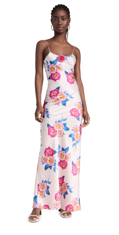 Rodarte Pink and Blue Rose Printed Silk Bias Long Slip Dress Pink