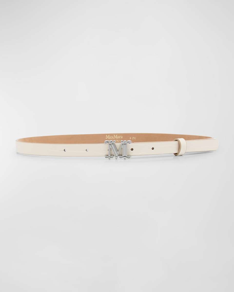 Croc-Embossed White Leather Skinny Belt