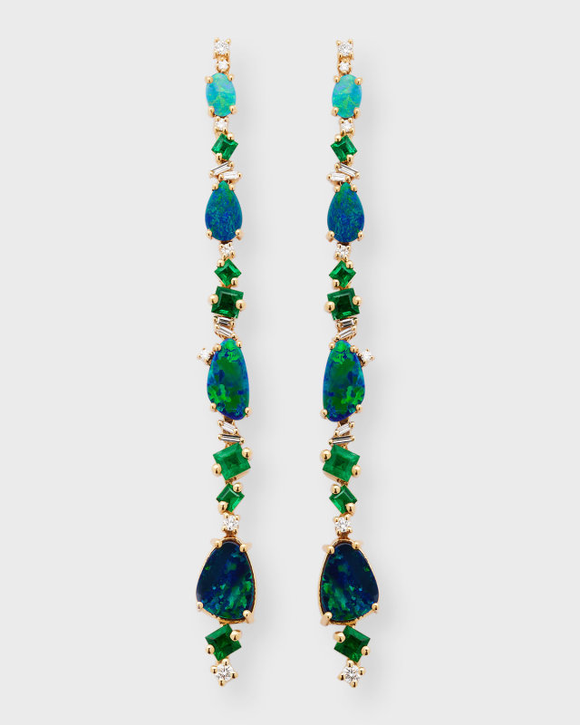 18K Yellow Gold Diamond, Emerald, and Opal Drop Earrings