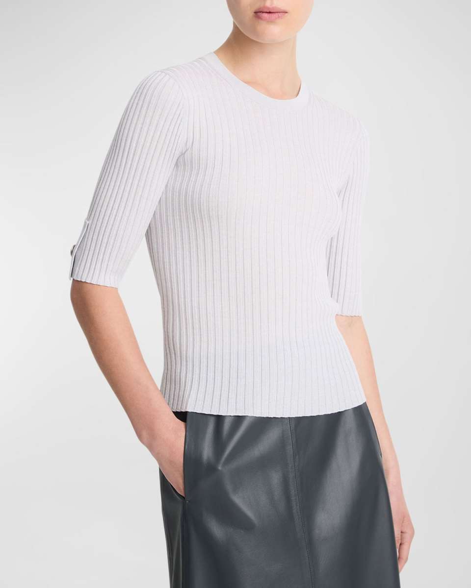 Wool and Silk Elbow-Sleeve Crewneck Top