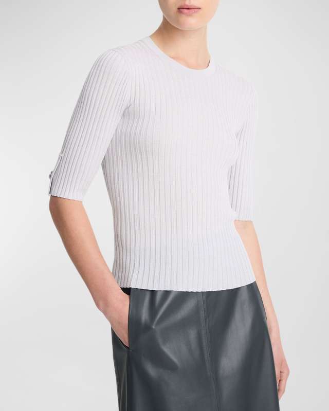 Wool and Silk Elbow-Sleeve Crewneck Top