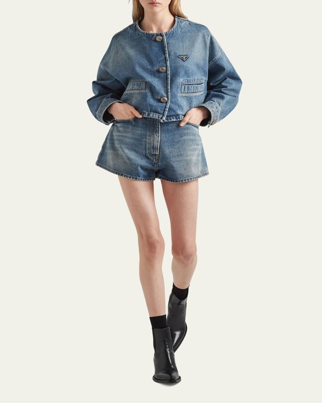 Crop Collarless Denim Jacket