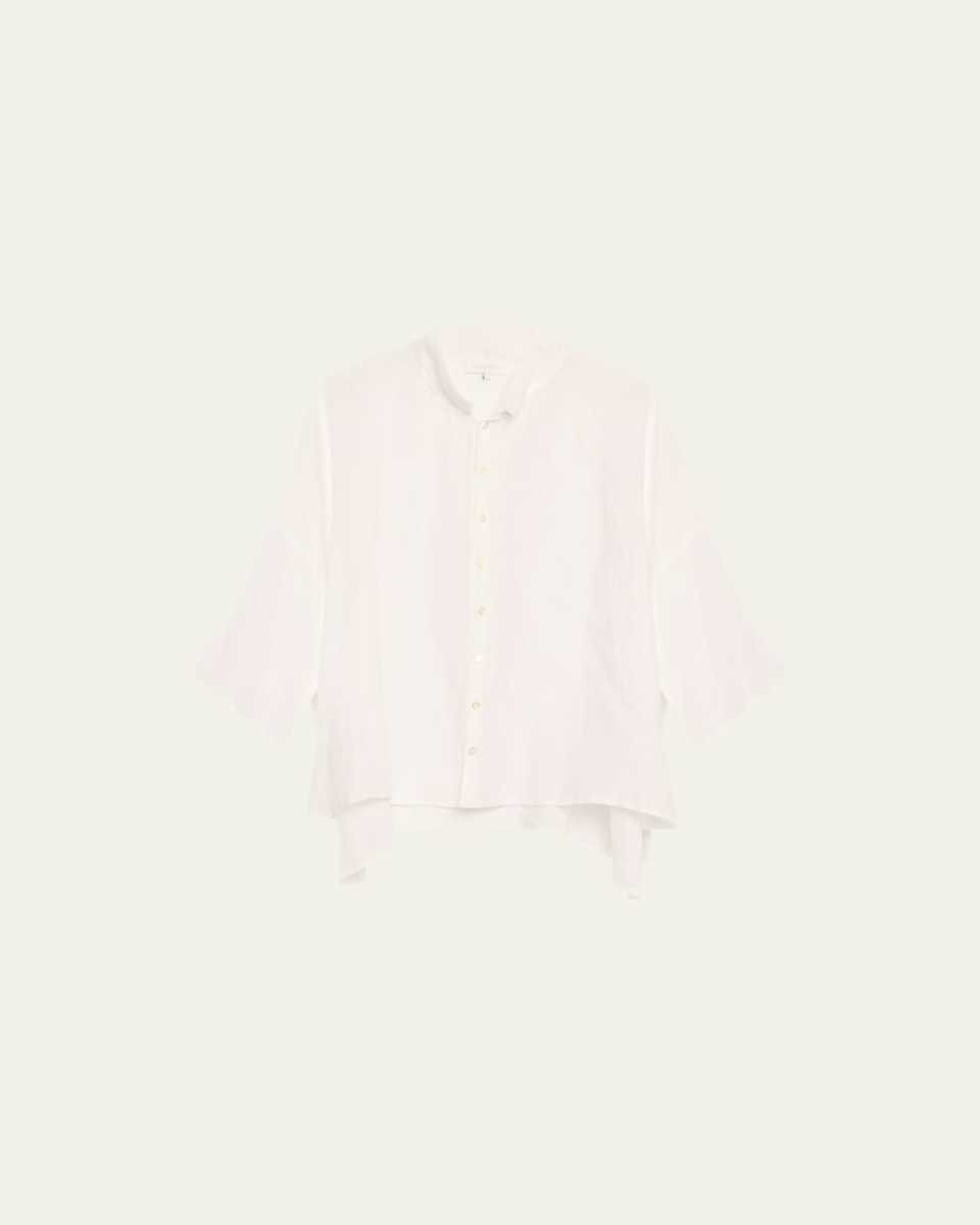 Sloped-Shoulder Wide A-Line Pleated Collar Short-Sleeve Shirt (Mid Length)