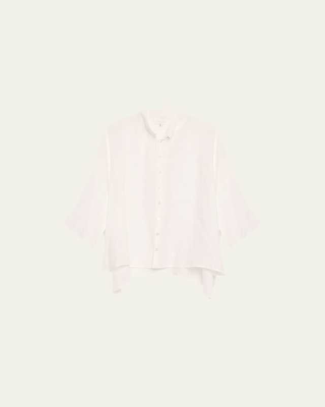 Sloped-Shoulder Wide A-Line Pleated Collar Short-Sleeve Shirt (Mid Length)