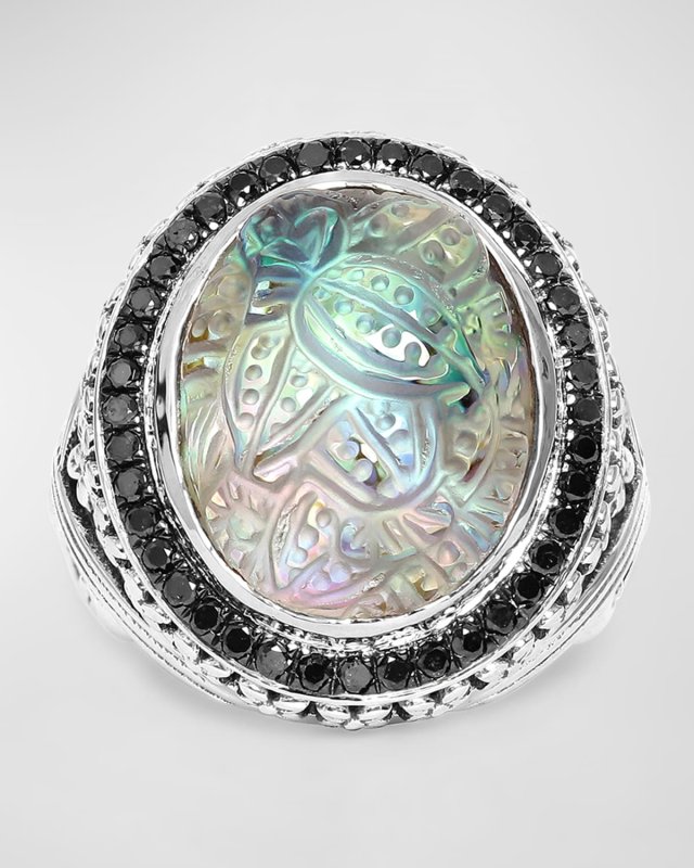 Quartz, Abalone and Black Diamond Ring in Sterling Silver, Size 7
